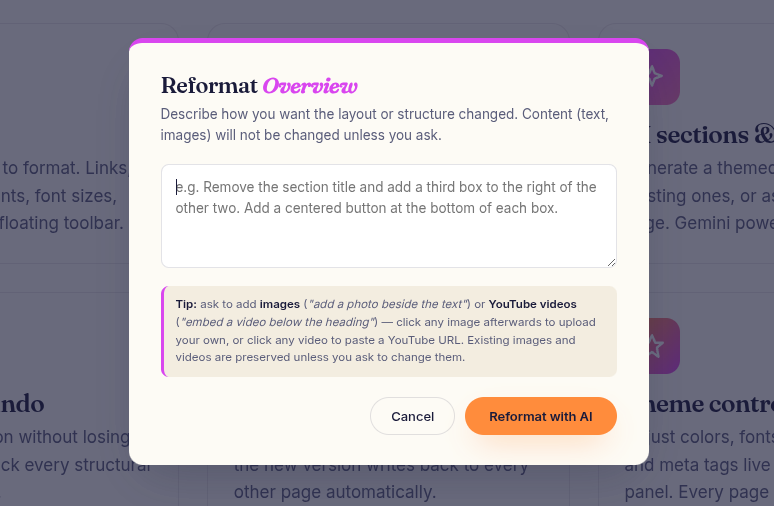 Screenshot showing the AI add-section popup