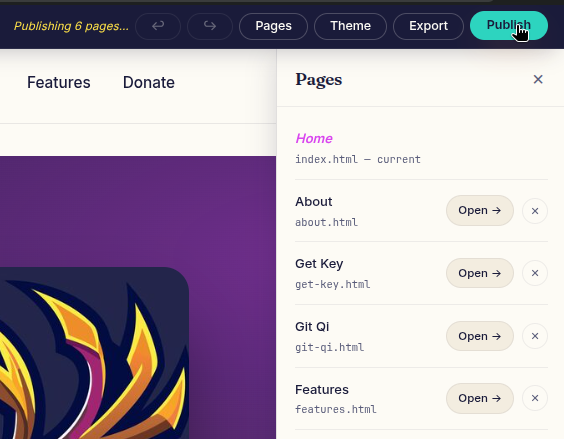 Screenshot showing the publish button and GitHub sync